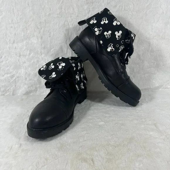 Torrid Disney Mickey Mouse Black PU Leather Fold Over Combat Boots SZ 10.5 WW - Picture 2 of 11